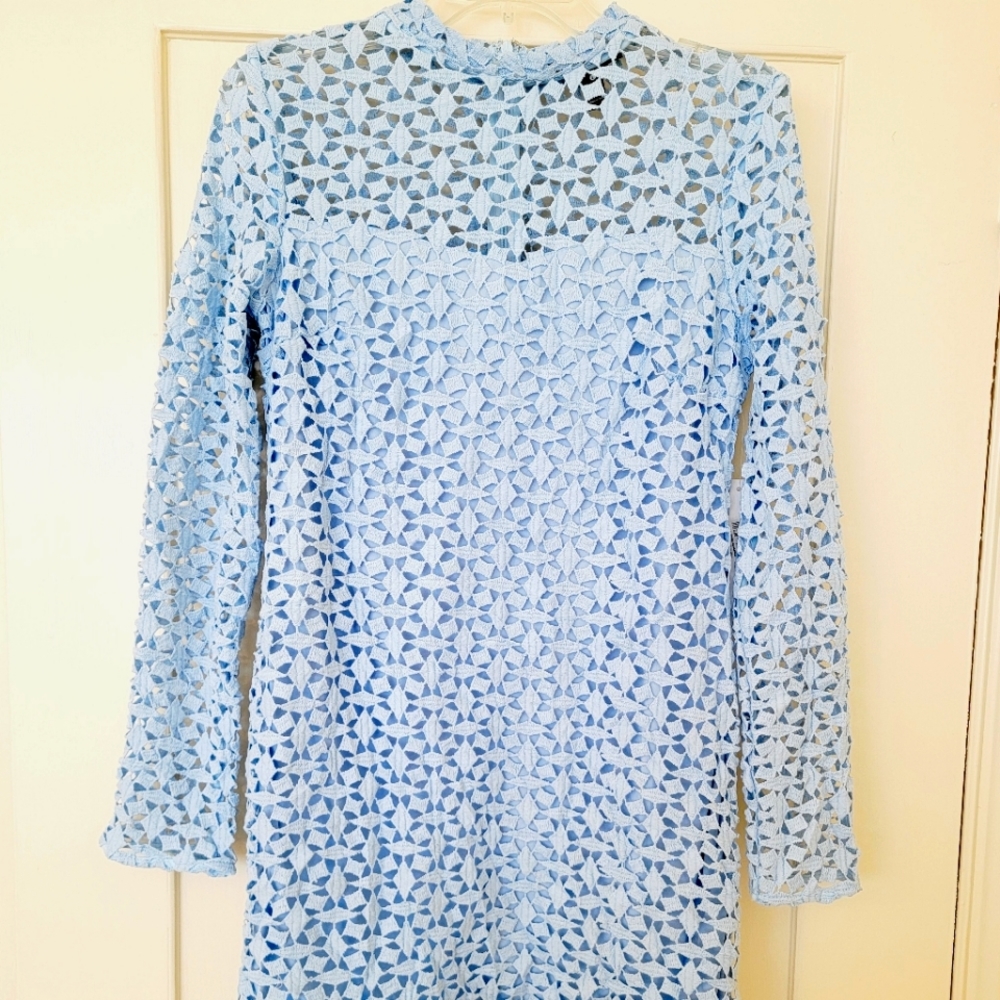 NWT AQUA Crochet Sky Blue long sleeve Mini dress. Size L